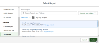 Screenshot showing select report dialog with a reposrt selected